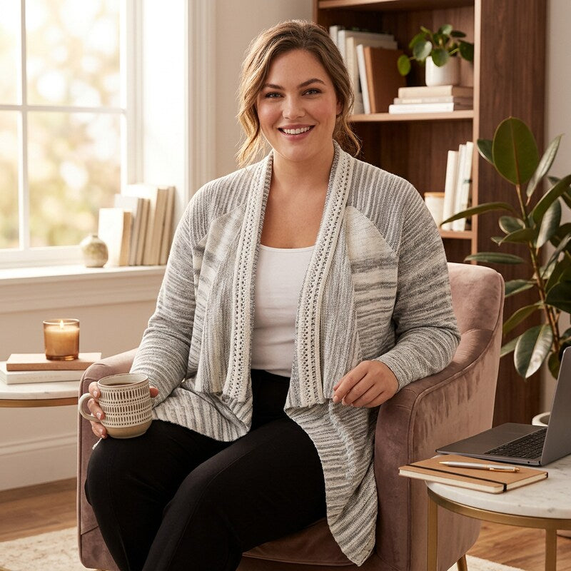 NIC+ZOE Plus Time Change Open-Front Cardigan, size 2X, gray striped knit on Tampa Home & Garden Store
