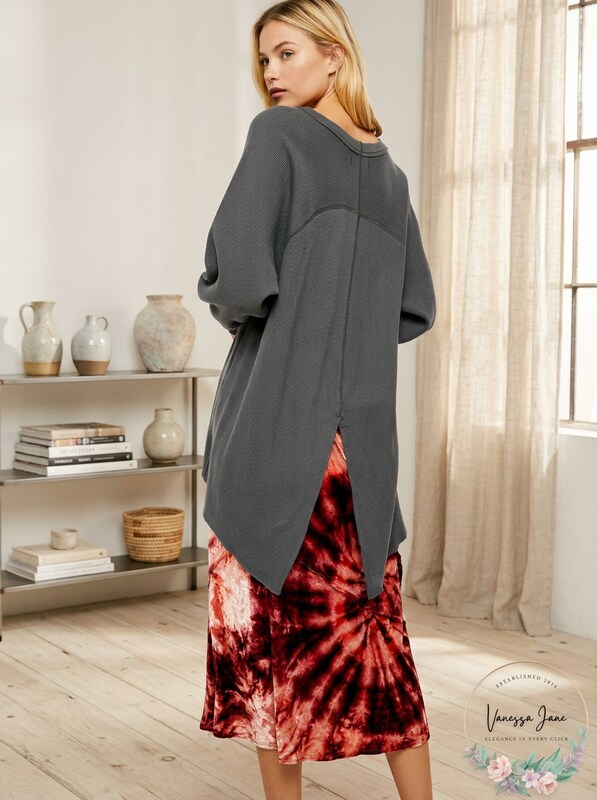 Free People We The Free Amelia split-back gray thermal top by Vanessa Jane with long sleeves on Tampa Home & Garden Store