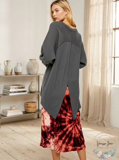 Free People We The Free Amelia split-back gray thermal top by Vanessa Jane with long sleeves on Tampa Home & Garden Store