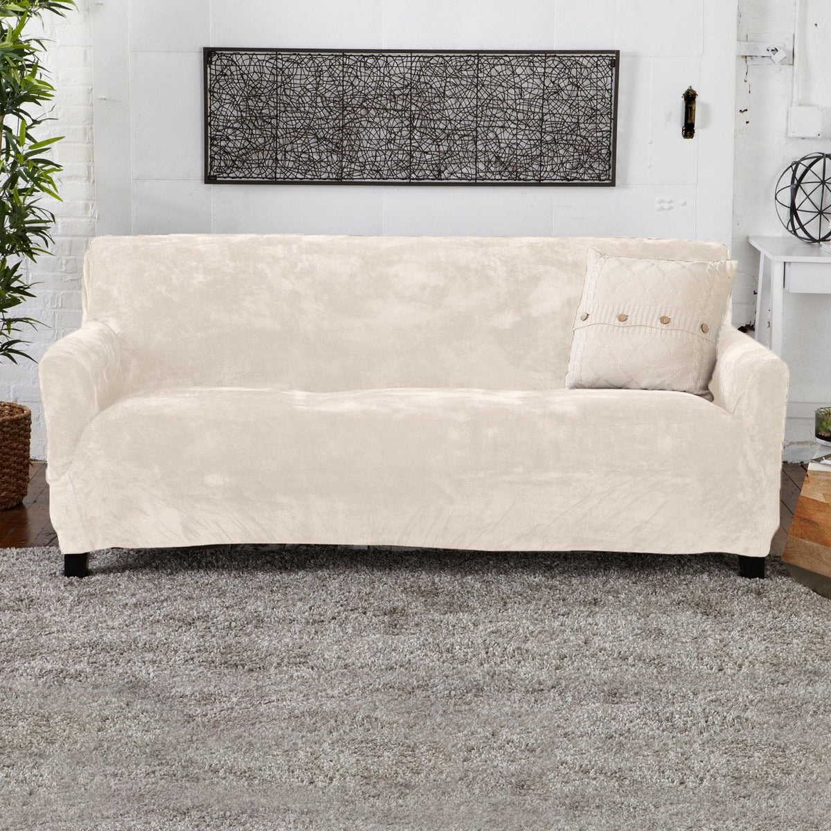 Velvet Stretch Slipcover Gale Collection beige slipcover for sofa by Great Bay Home on Tampa Home & Garden Store