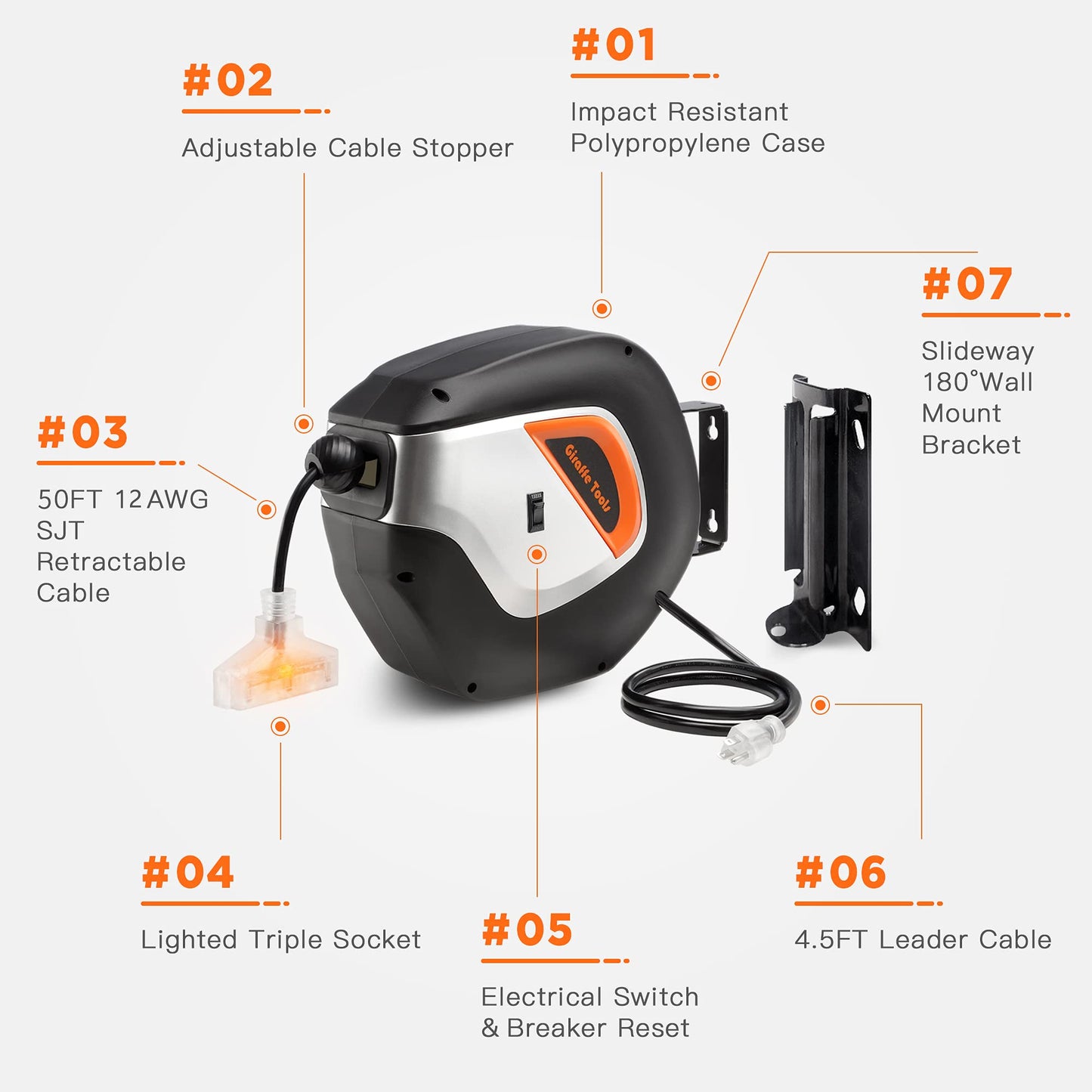 Enrouleur de rallonge rétractable - 12/14/16 AWG