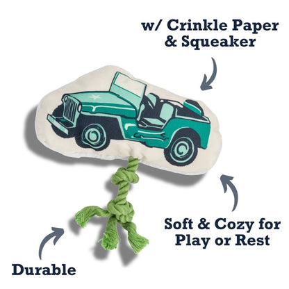 Juguete de peluche para perro Country Living: Jeep militar retro con chirriador y papel arrugado