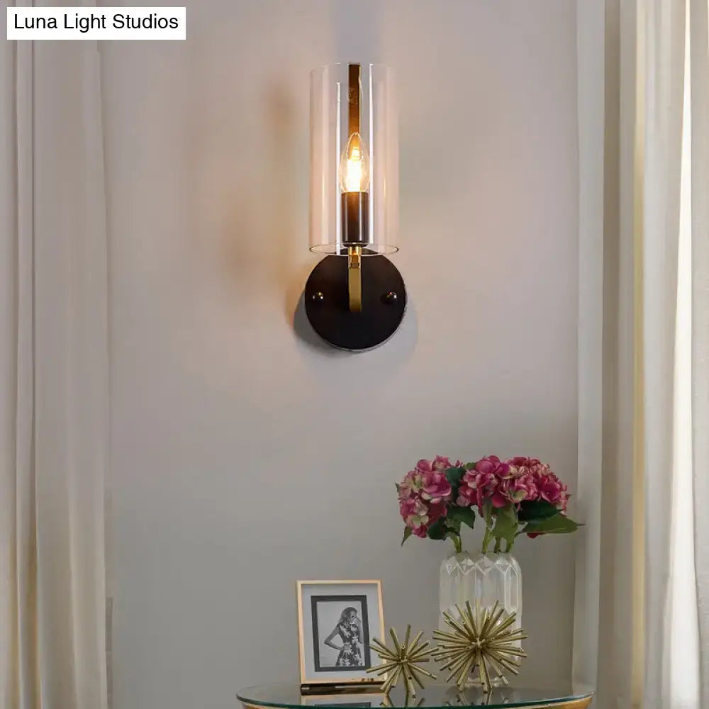Brass Glass Wall Sconce by Decorbites, wall mount with black round plate and glass shade on Tampa Home & Garden Store