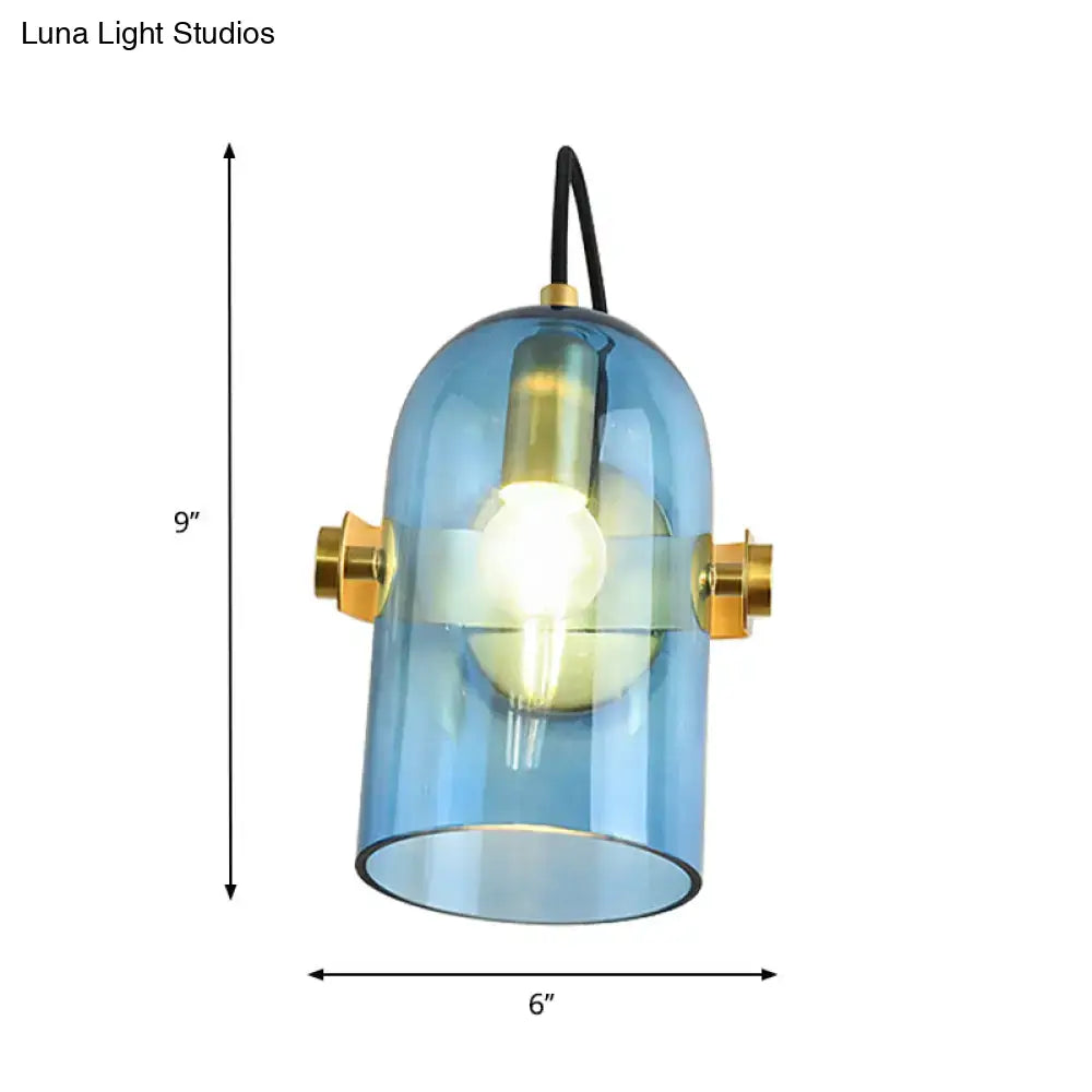Brass cloche sconce light with blue glass shade and exposed bulb Decorbites on Tampa Home & Garden Store