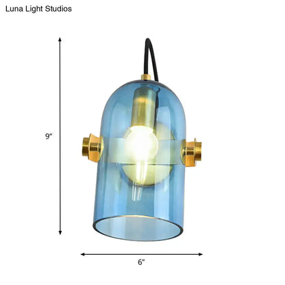 Brass cloche sconce light with blue glass shade and exposed bulb Decorbites on Tampa Home & Garden Store