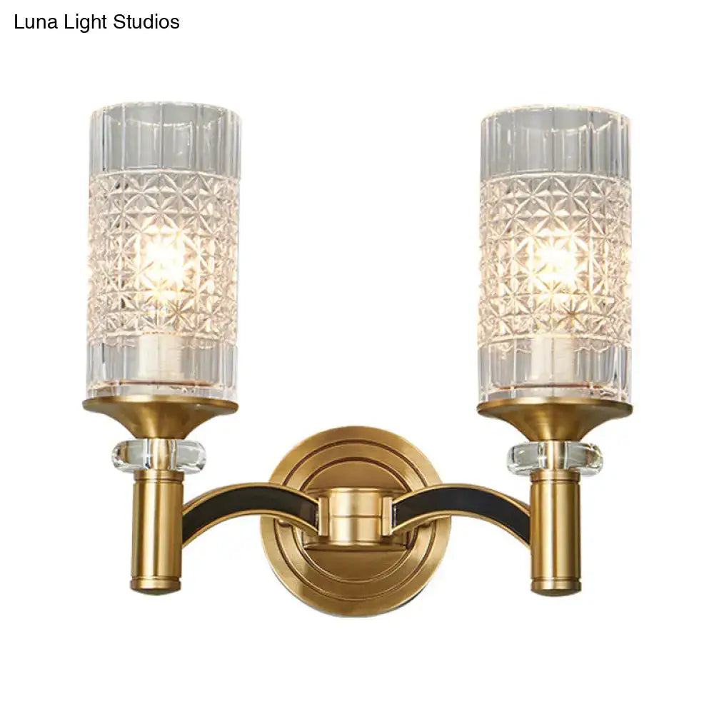 Brass crystal gridded wall sconce with dual textured glass shades and curved arms Decorbites on Tampa Home & Garden Store