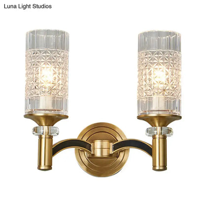 Brass crystal gridded wall sconce with dual textured glass shades and curved arms Decorbites on Tampa Home & Garden Store