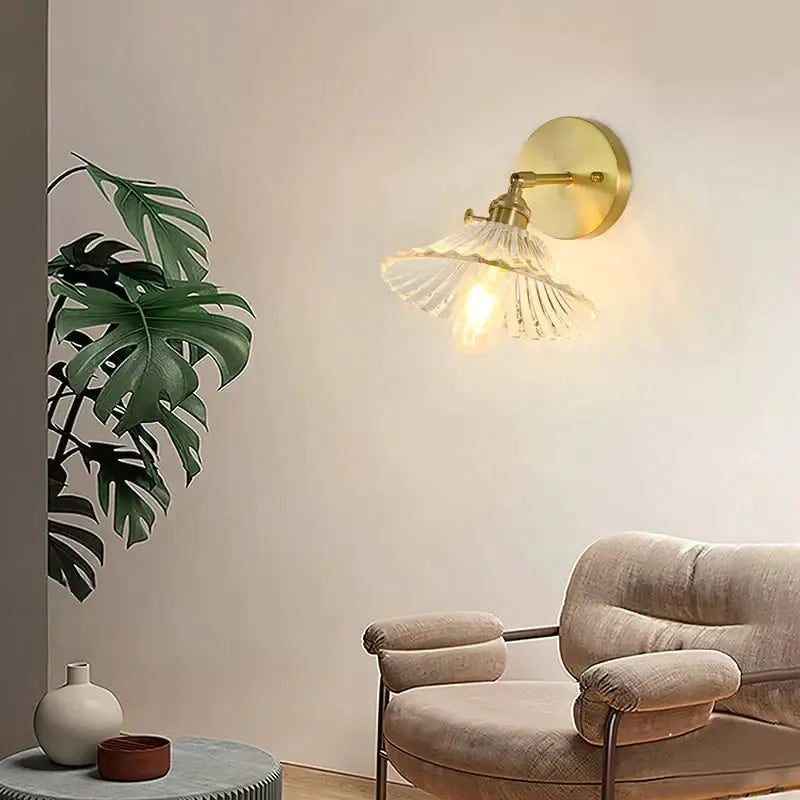 Copper Glass Wall Sconce by Decorbites, brass finish with ribbed glass shade, wall mounted on Tampa Home & Garden Store