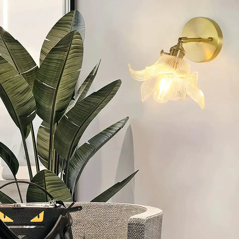 Copper Glass Wall Sconce by Decorbites with brass backplate and flower-shaped glass shade on Tampa Home & Garden Store