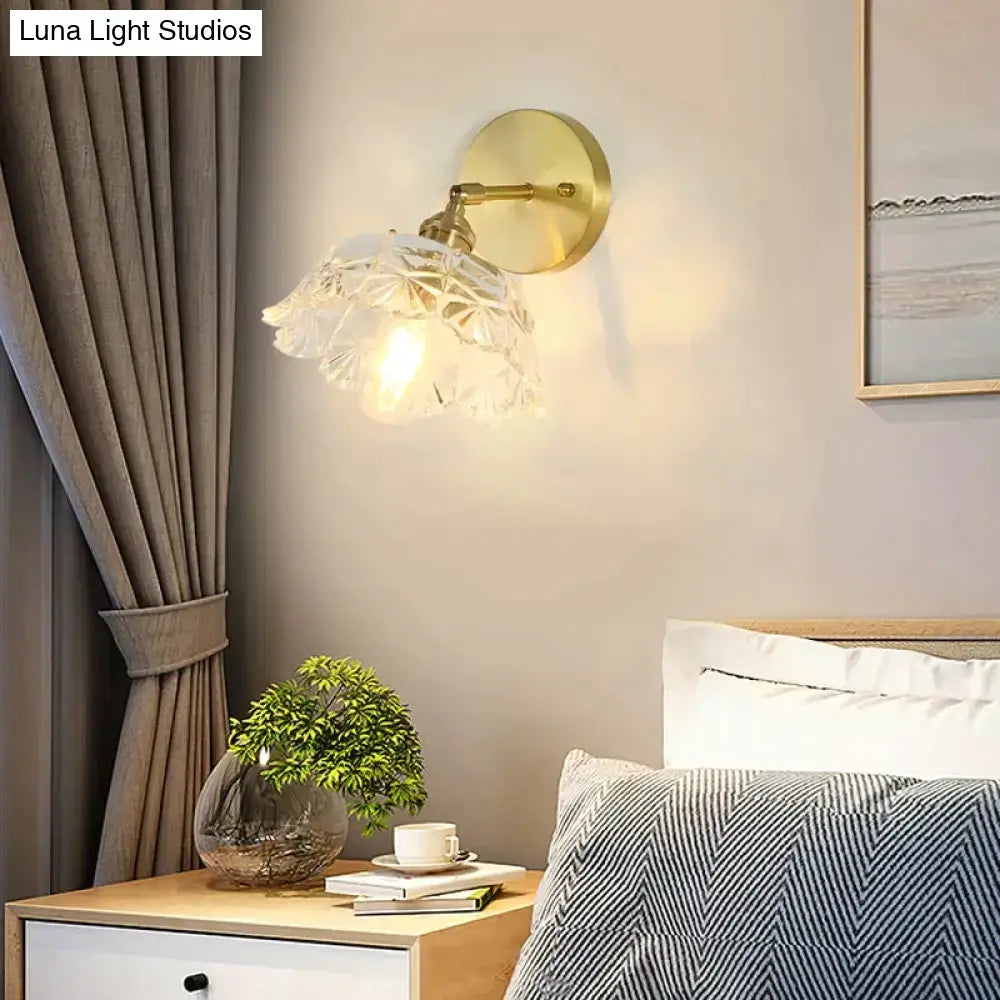 Copper Glass Wall Sconce with brass gold mount and crystal-cut shade, warm bedside glow on Tampa Home & Garden Store