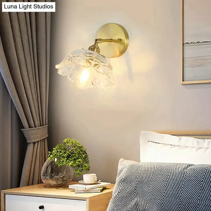 Copper Glass Wall Sconce with brass gold mount and crystal-cut shade, warm bedside glow on Tampa Home & Garden Store