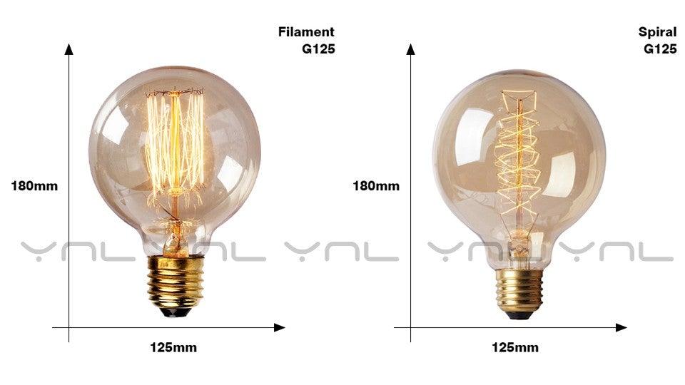 Stevvex Edison G125 filament bulb pair, left straight filament, right spiral, clear glass on Tampa Home & Garden Store