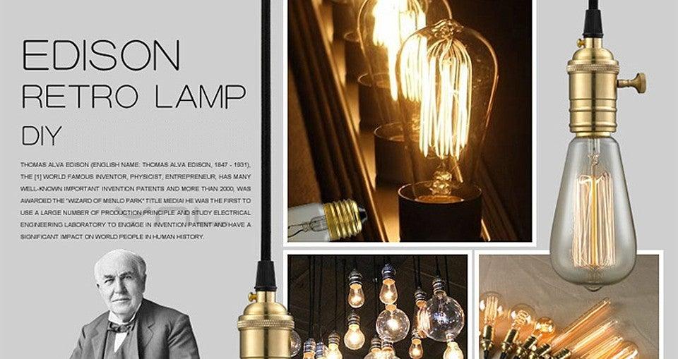 Stevvex retro Edison bulb set collage with brass sockets and glowing filament bulbs on Tampa Home & Garden Store