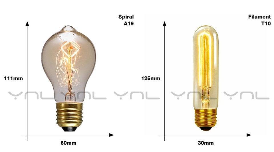 Stevvex retro Edison bulb set: A19 spiral filament 111x60mm; T10 filament 125x30mm on Tampa Home & Garden Store