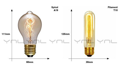 Stevvex retro Edison bulb set: A19 spiral filament 111x60mm; T10 filament 125x30mm on Tampa Home & Garden Store
