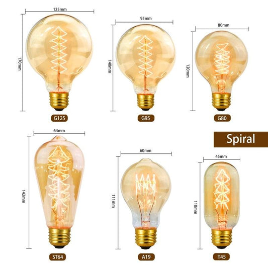 Vintage Edison filament bulbs in glass with brass bases six sizes G125 G95 G80 ST64 A19 T45 on Tampa Home & Garden Store