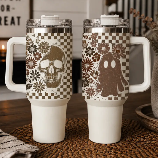 Gia Roma travel mugs 40oz pair featuring skull and ghost motifs with cream base, brown florals on Tampa Home & Garden Store