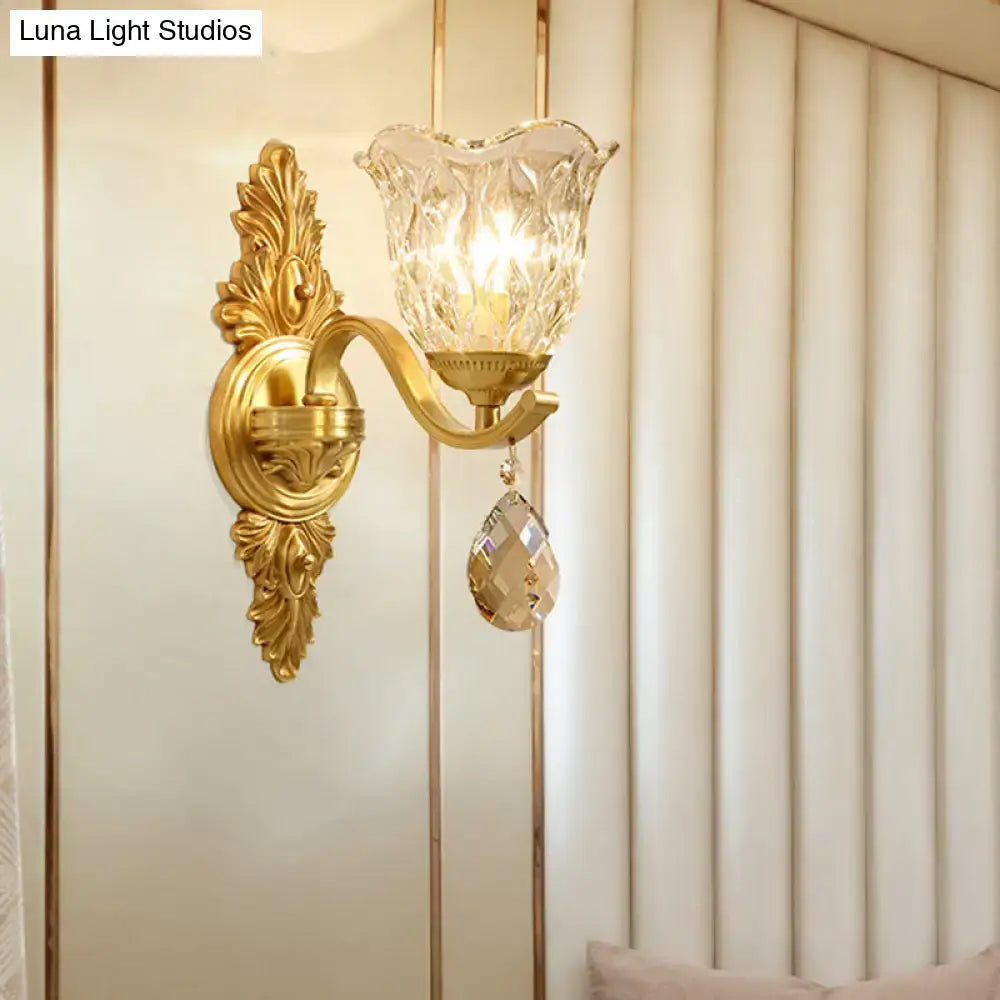Gold retro crystal wall lamp with ornate backplate, crystal shade and teardrop pendant on Tampa Home & Garden Store