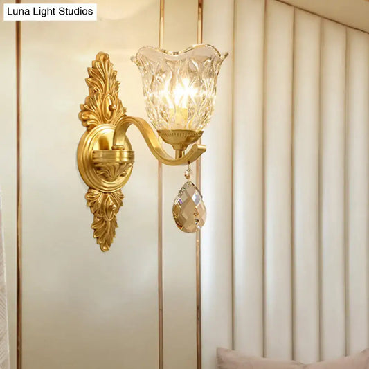 Gold retro crystal wall lamp with ornate backplate, crystal shade and teardrop pendant on Tampa Home & Garden Store