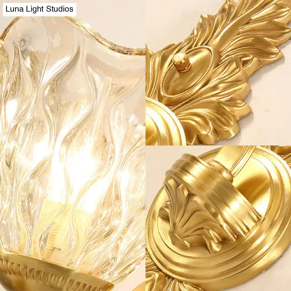 Gold retro crystal wall lamp with ornate gilded leaf base and textured glass shade on Tampa Home & Garden Store