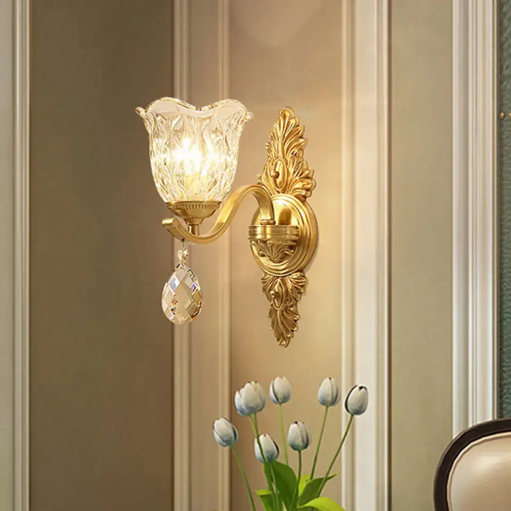 Gold retro crystal wall lamp design, ornate brass sconce with glass shade and crystal drop on Tampa Home & Garden Store