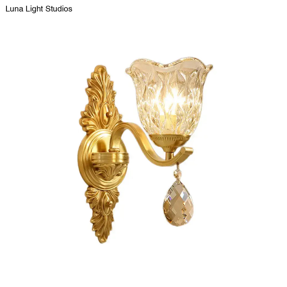 Gold Retro Crystal Wall Lamp by Decorbites with ornate backplate and hanging teardrop crystal on Tampa Home & Garden Store