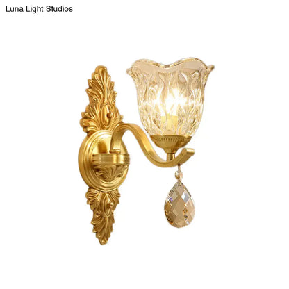 Gold Retro Crystal Wall Lamp by Decorbites with ornate backplate and hanging teardrop crystal on Tampa Home & Garden Store