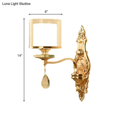 Gold Crystal Barrel Glass Wall Sconce with ornate gold backplate and crystal pendant, 14in tall on Tampa Home & Garden Store