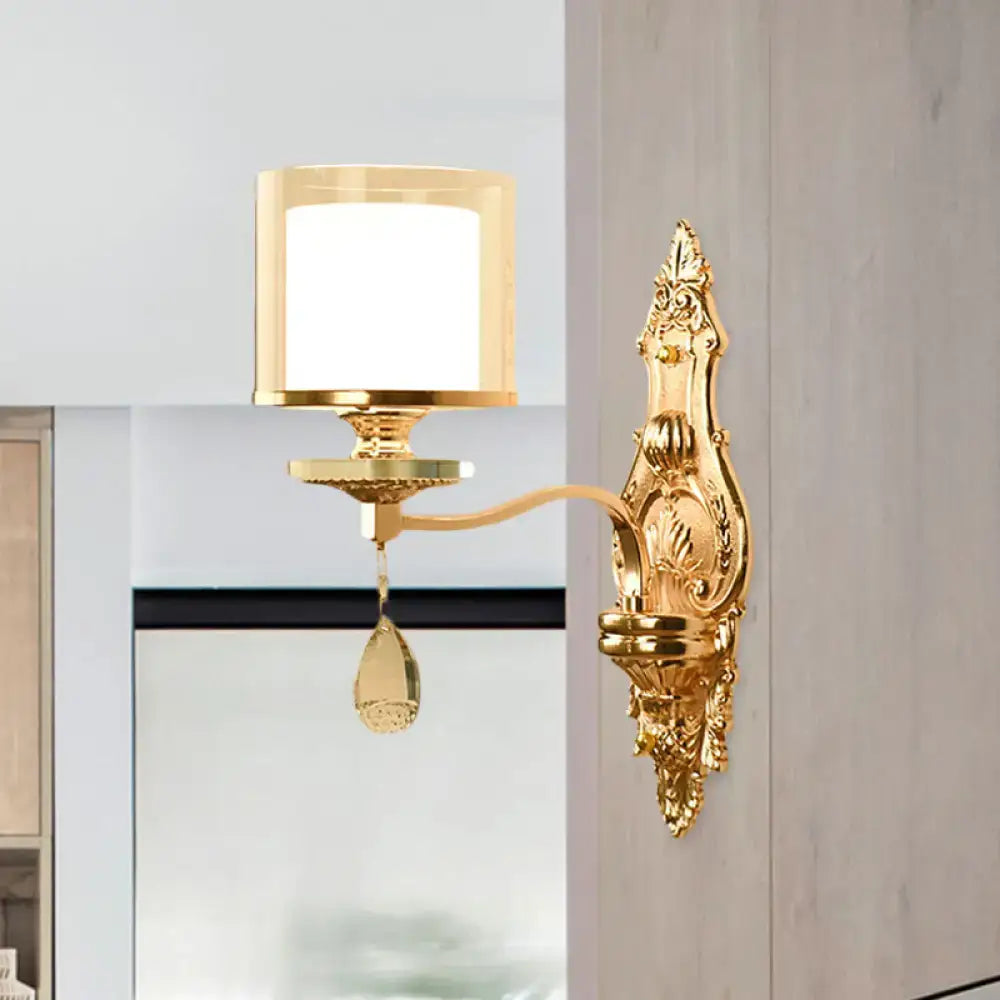 Gold Crystal Barrel Glass Wall Sconce by Decorbites, ornate backplate and crystal drop on Tampa Home & Garden Store