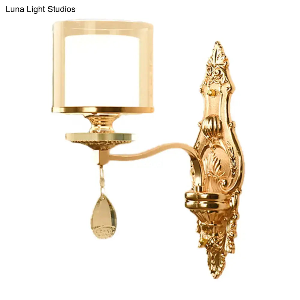 Gold Crystal Barrel Glass Wall Sconce with ornate brass backplate, glass shade and crystal drop on Tampa Home & Garden Store