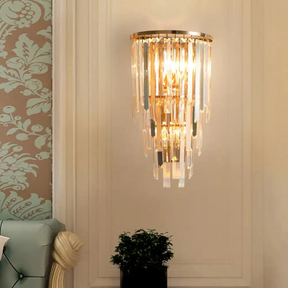 Gold Crystal Waterfall Sconce by Decorbites with cascading crystal prisms and gold ring on Tampa Home & Garden Store