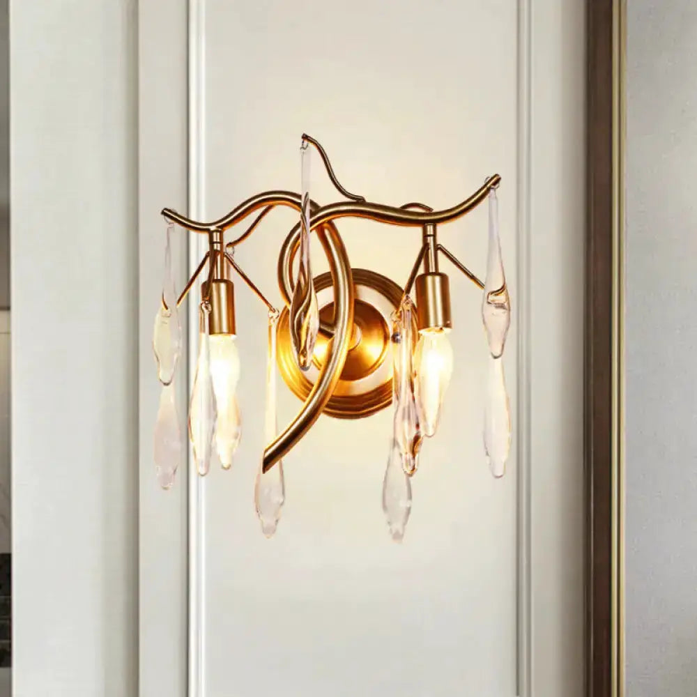 Retro gold raindrop wall lamp with crystal drops, brass wall sconce and Edison bulbs on Tampa Home & Garden Store