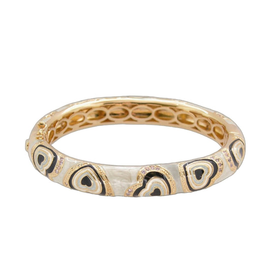 Retro Hearts Bangle by Lauren G Adams, gold-tone hinged bracelet with heart motif and lock on Tampa Home & Garden Store