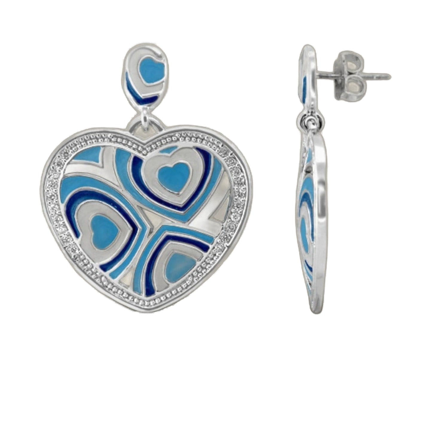 Retro Hearts enamel earring, blue heart motif on silver-tone setting with rhinestone rim on Tampa Home & Garden Store