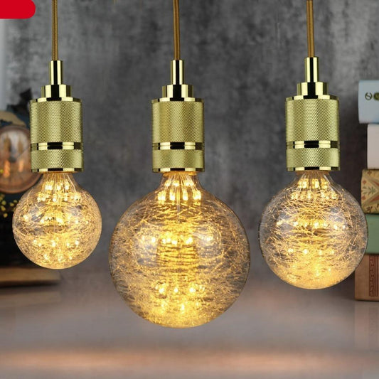 Vintage amber Edison pendant lights by Stevvex crackle glass bulbs brass sockets, 3 lights on Tampa Home & Garden Store
