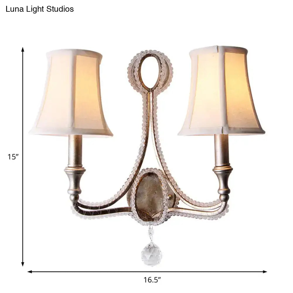 2-Head Retro Loft Fabric Wall Light - Conical Sconce with Crystal Beaded Strand - Aged Silver