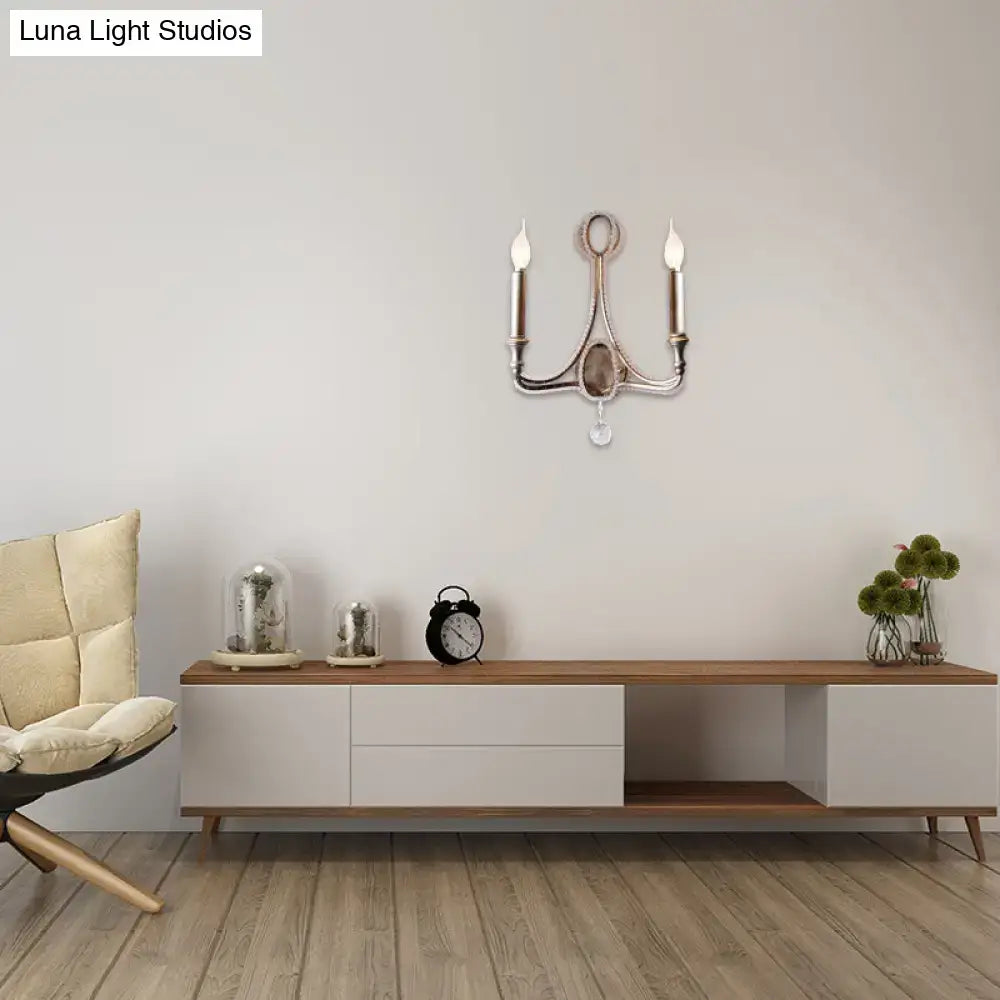 2-Head Retro Loft Fabric Wall Light - Conical Sconce with Crystal Beaded Strand - Aged Silver