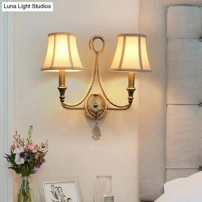 2-Head Retro Loft Fabric Wall Light - Conical Sconce with Crystal Beaded Strand - Aged Silver