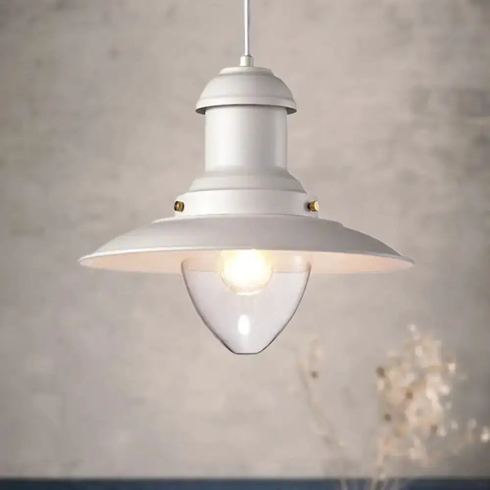 Decorbites retro loft saucer pendant light, white metal shade with clear glass bulb guard on Tampa Home & Garden Store