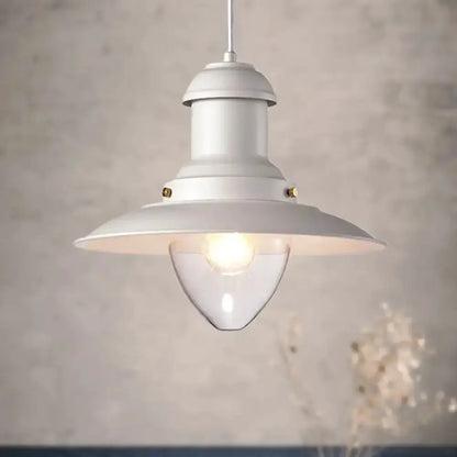 Decorbites retro loft saucer pendant light, white metal shade with clear glass bulb guard on Tampa Home & Garden Store