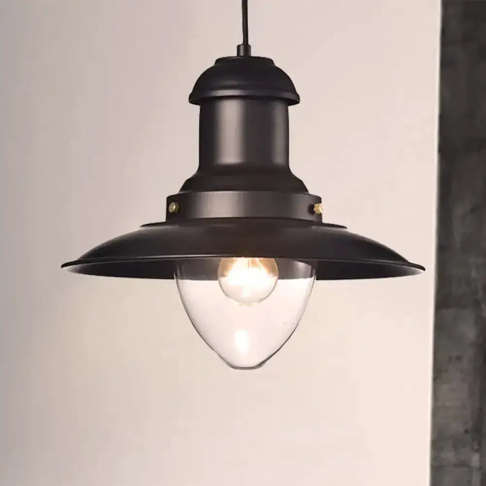 Retro loft saucer pendant light, black metal with clear glass shade, Decorbites on Tampa Home & Garden Store