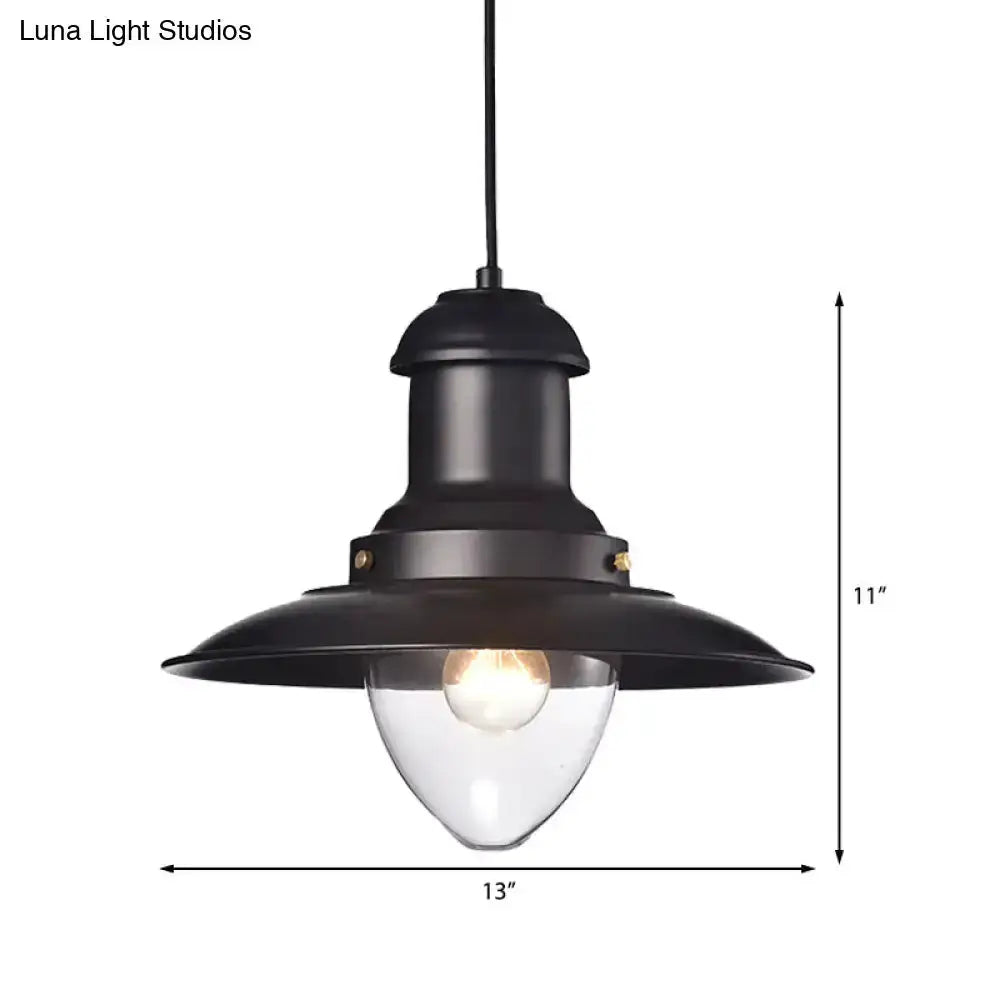 Retro loft saucer pendant light, black metal shade with clear glass bulb, 13in wide x 11in tall on Tampa Home & Garden Store