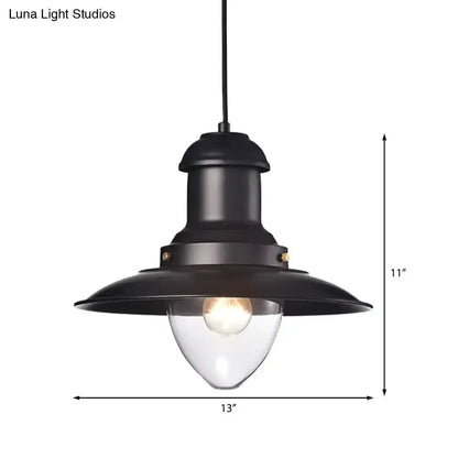 Retro loft saucer pendant light, black metal shade with clear glass bulb, 13in wide x 11in tall on Tampa Home & Garden Store