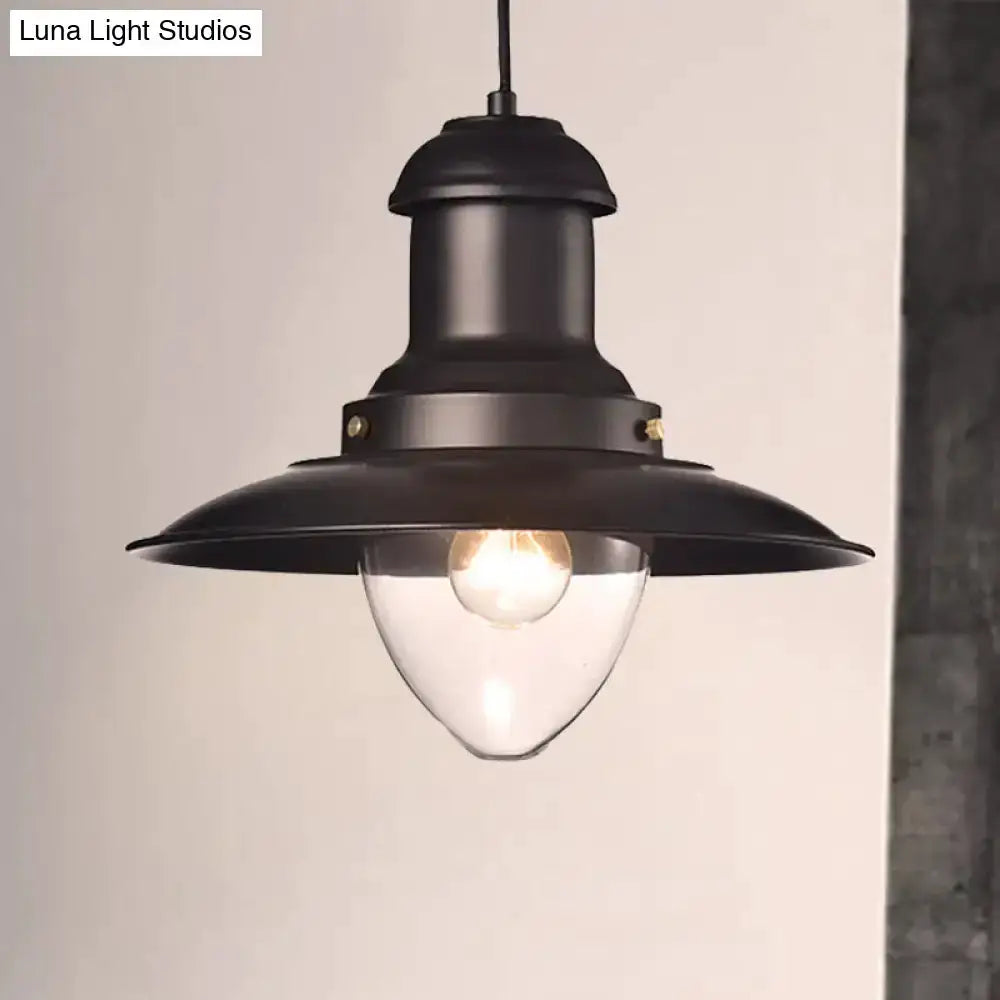 Retro loft saucer pendant light in black metal with clear glass bulb by Luna Light Studios on Tampa Home & Garden Store