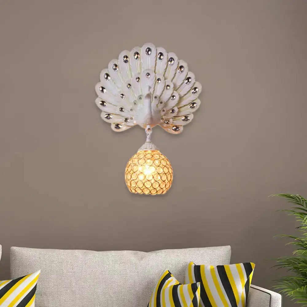 Retro Peacock Silver and White Wall Lamp Crystal