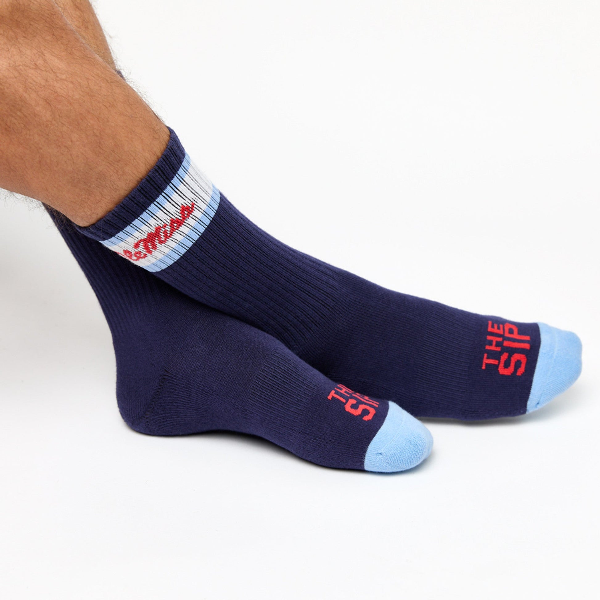 Retro Script Casual Crew 3-Pack college socks by DeadSoxy, navy with light blue toe/heel on Tampa Home & Garden Store