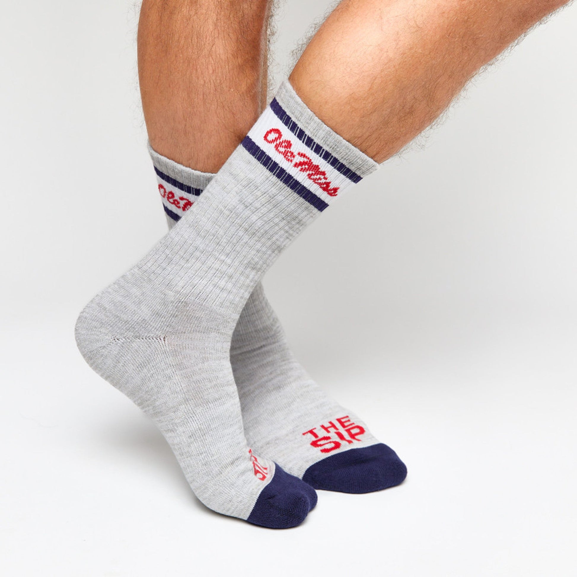 DeadSoxy Retro Script Crew Socks gray heather knit with navy toe red script two socks on Tampa Home & Garden Store