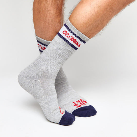 DeadSoxy Retro Script Crew Socks gray heather knit with navy toe red script two socks on Tampa Home & Garden Store