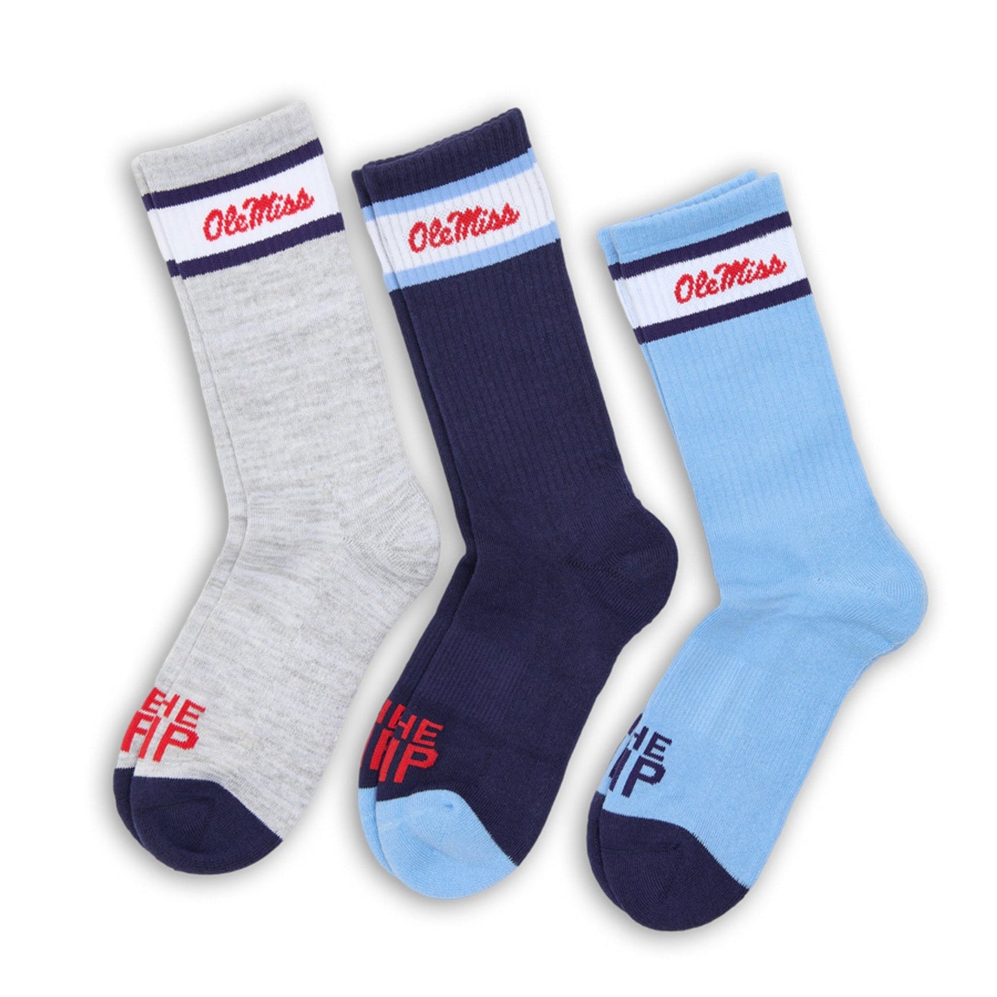 Retro Script Casual 3-Pack DeadSoxy college socks gray navy light blue with red Ole Miss script on Tampa Home & Garden Store