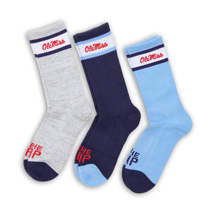 Retro Script Casual 3-Pack DeadSoxy college socks gray navy light blue with red Ole Miss script on Tampa Home & Garden Store